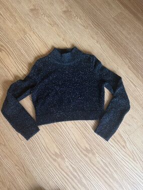 MANGO Black Sparkle Cropped Mock Neck Sweater Size Medium